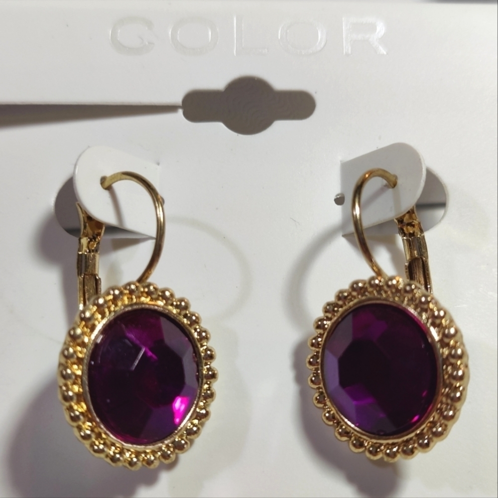 COLOR purple‎ gold tone earrings
